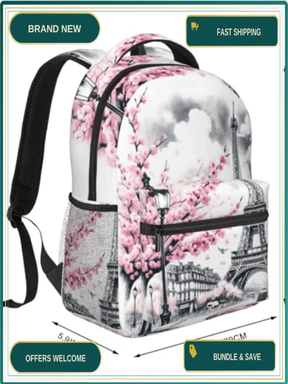 Paris Backpack for Women Girls Travel School Work, Lightweight Laptop Daypack,